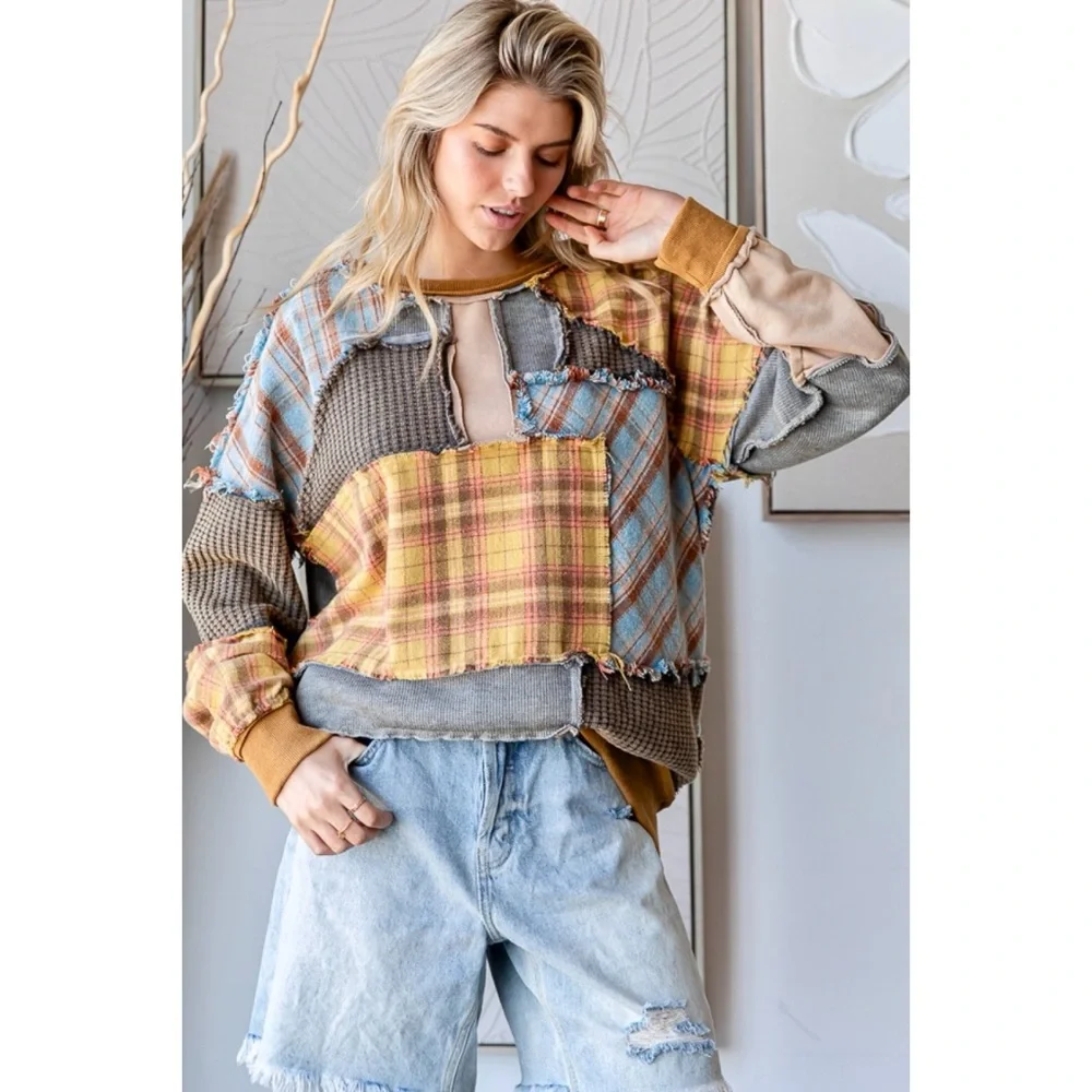 Oli & Hali Washed Mixed Fabric Plaid Pullover in Mustard Combo - Picture 9 of 14